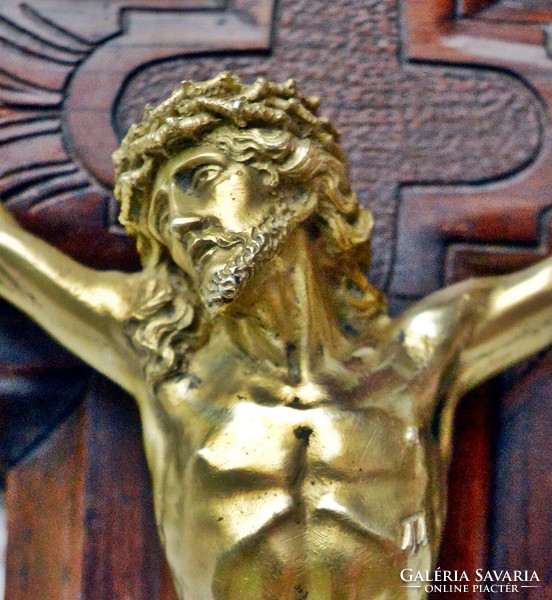 Antik Tömör Sárgaréz Jézus Krisztus 550g! (20 cm) 42cm faragott feszület, aprólékos kereszt, korpusz