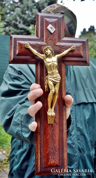 Antik Tömör Sárgaréz Jézus Krisztus 550g! (20 cm) 42cm faragott feszület, aprólékos kereszt, korpusz