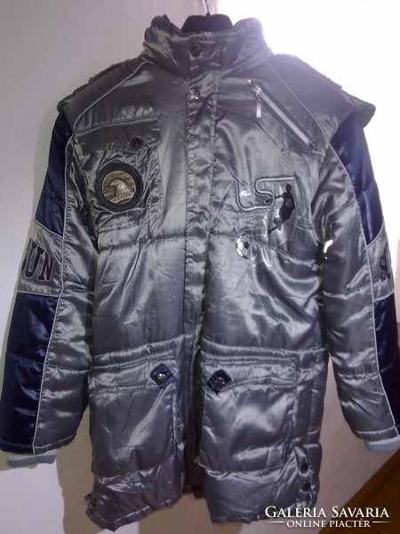 Extra sportos kapucnis férfi kabát dzseki metál szürke ezüst M