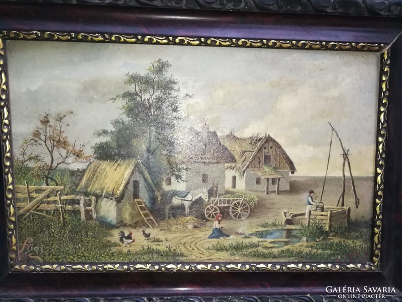 Antik festmény legalább 100éves, falusi festmény, udvar népi élet!