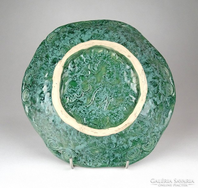 1C245 Jelzett zöld mázas iparművészeti kerámia gyümölcskínáló tál 23 cm