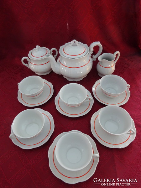 Zsolnay porcelán, antik pajzspecsétes hat személyes teáskészlet. Piros csíkkal. Vanneki!