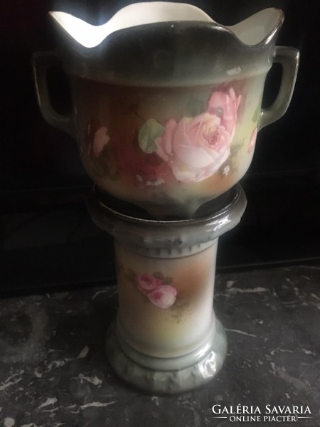 Antik kis méretű rózsás porcelán  posztamens kaspóval