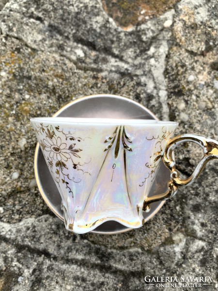 Aranyozott festésű hajszálvékony szögletes porcelán csésze és tányér készlet az 50-es évekből