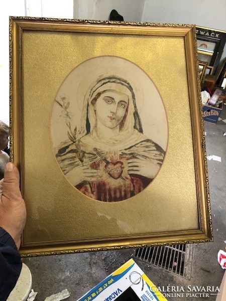 Mária ábrázolás, 25 cm átmérőjű, linometszet, egyházi.