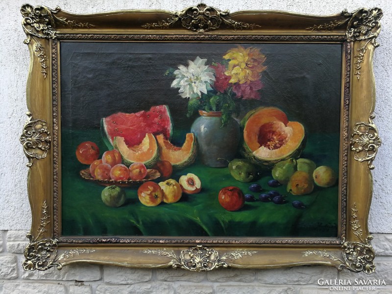 Hatalmas Csodálatos antik Gyümölcs-Viràg asztali csendélet 100x 70cm.Kiváló dekoráció, Blondel keret