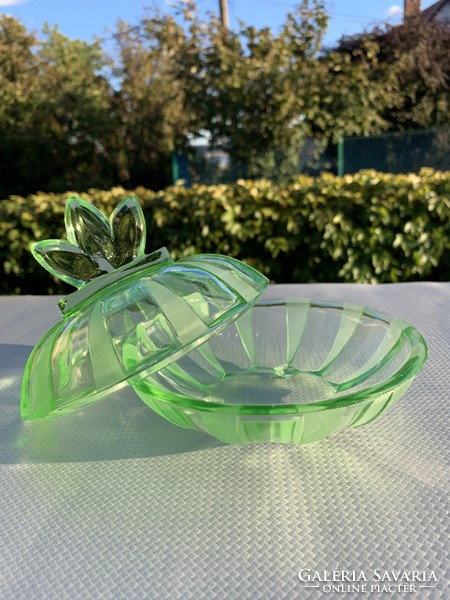 Art deco green glass bonbonier serving bowl centerpiece, box, jewelry holder, table decoration, green glass