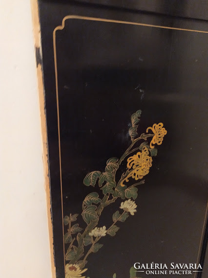 Antik kínai gyöngyház dombor berakásos gésa fekete lakk bútor ajtó kép Kína Japán életkép 3581