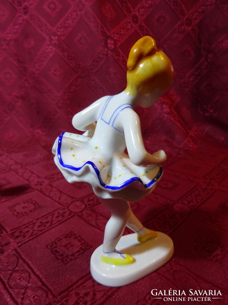 Hollóházi porcelán figura, kézzel festett  balerina, szoknyája kék szélű, magassága 13,5 cm. Vanneki