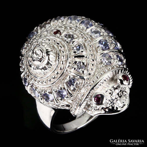 Tanzanit es Granat 925 ezüst csiga alakú gyűrű méret 56