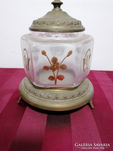 Antique bonbonier painted glass, copper base and top