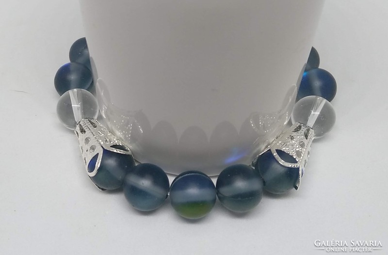 Synthetic Blue Moonstone and Clear Pearl Bracelet 10mm Beads