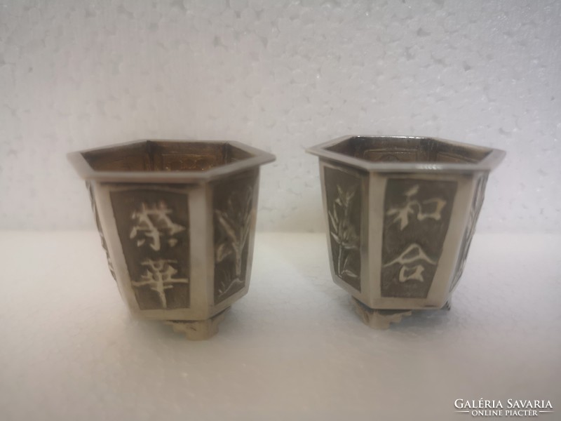 2 antik kinai ezüst sake pohár