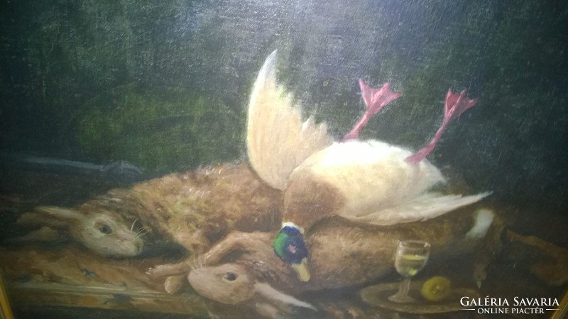 Antik festmény-Vadteríték-A vadász zsákmánya o.,v.rest. 60x80 cm