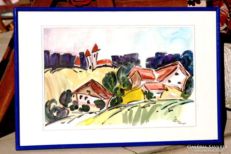 Bajor falu a dombok között, 1992 - keretezett német akvarell