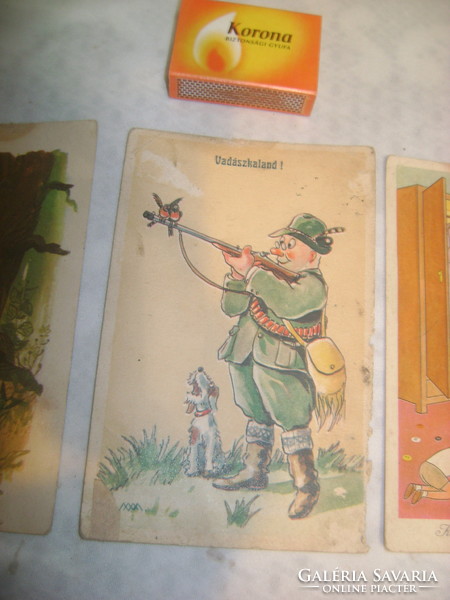 Régi jelenetes képeslap - három darab - Vadászkaland, Piroska...