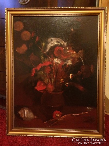 Festmény Madarassy György: Virágok, 44x60+keret, olaj-farost,