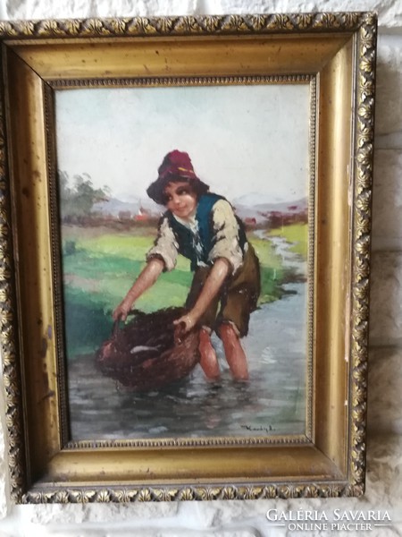 Folk life painting, washing in the stream cozy beautiful painting.Varga style life picture