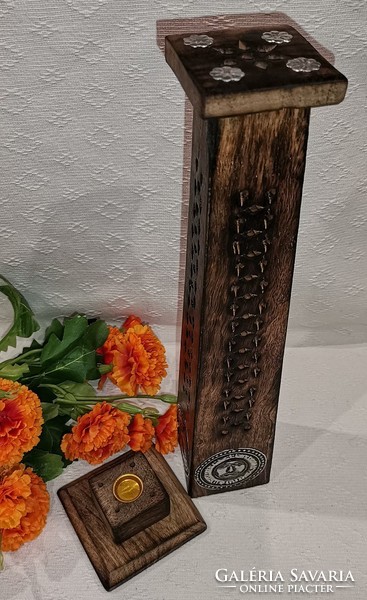 Standing rustic Indian wooden incense holder decorated with sun and gift incense