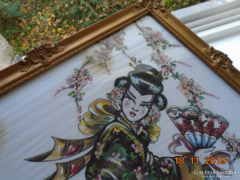 Vietnamese painting on silk in blonde frame, young lady dancing with calligraphic sign and fan
