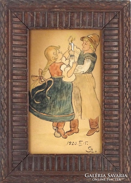 1C735 XX. századi magyar festő : Gyertyaoltás civakodó gyerekek 1920