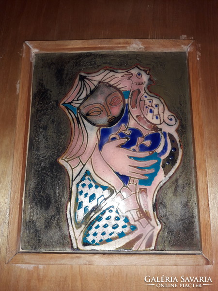 Turi endre - woman with rooster - fire enamel picture original, marked, flawless