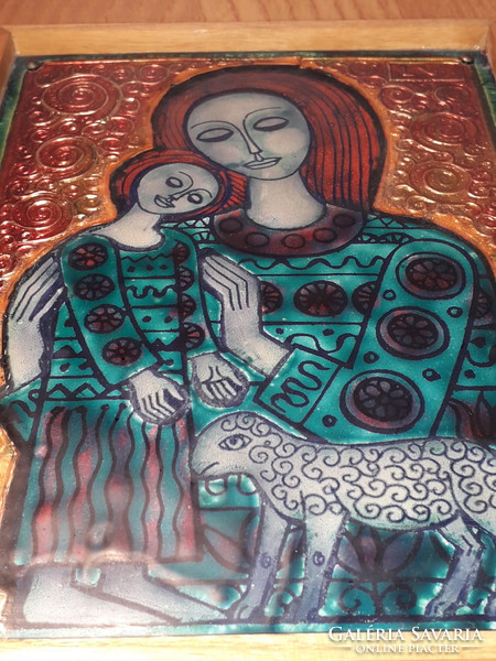Lőrincz Vitus - Mária a kis Jézussal és báránnyal - tűzzománc falikép fali dísz jelzett
