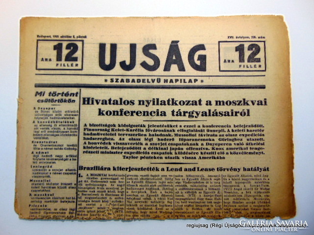 1941 október 3  /  UJSÁG  /  Régi ÚJSÁGOK KÉPREGÉNYEK MAGAZINOK Ssz.:  15882