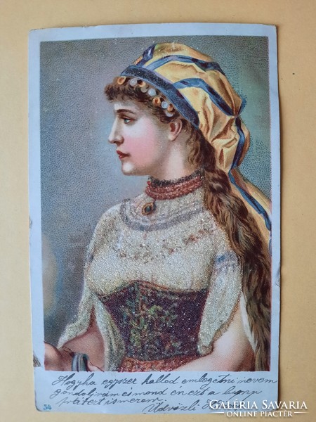 Antik levelezőlap, női portré, csillámporos, 1900