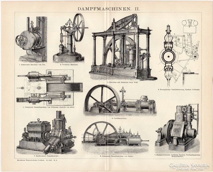 Gőzgépek, egyszínű nyomat 1895, német nyelvű, eredeti, gőz, gép, Balancier, Watt, Cox, Collmann