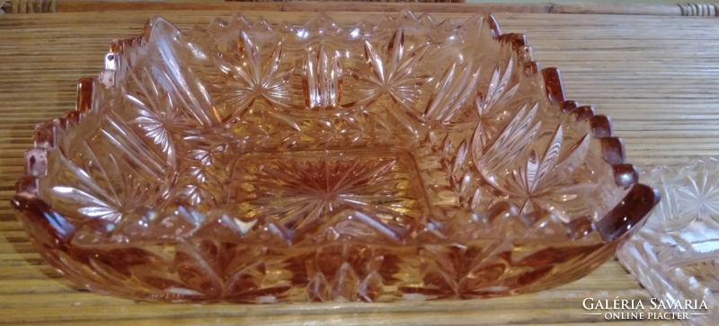 Salmon or pink thick glass compote and salad set polished to an old crystal pattern