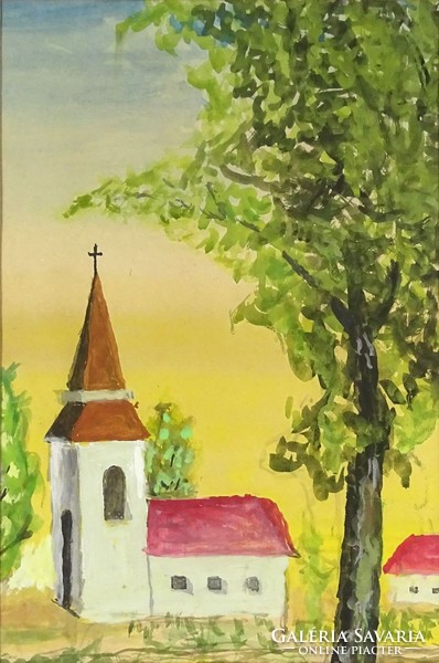 1D009 Keretezett akvarell festmény : Kisvárosi templom