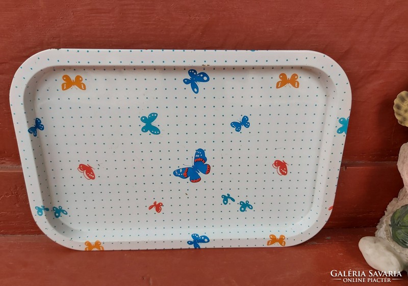 Beautiful retro metal plate tray with butterfly, butterfly, collector's item, nostalgia enamel