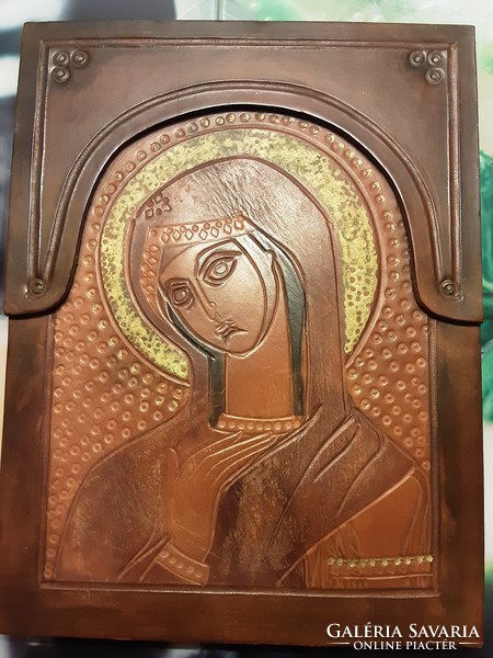 Madonna - leather icon of Athenian Mary - sacred image, mural