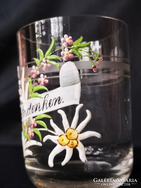 Antik fújt, zománc festéssel díszített, vastagfalú, biedermeier üveg pohár