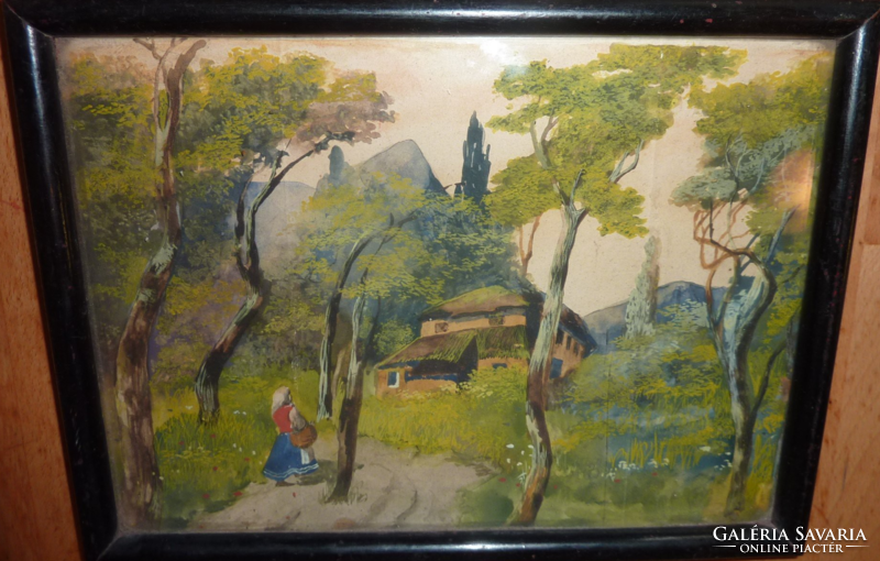 Meseszerű erdei tájkép - patinás akvarell 