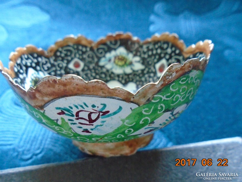 Antique Persian Safavid hand-painted bird and flower pattern enamel bowl with lace rim