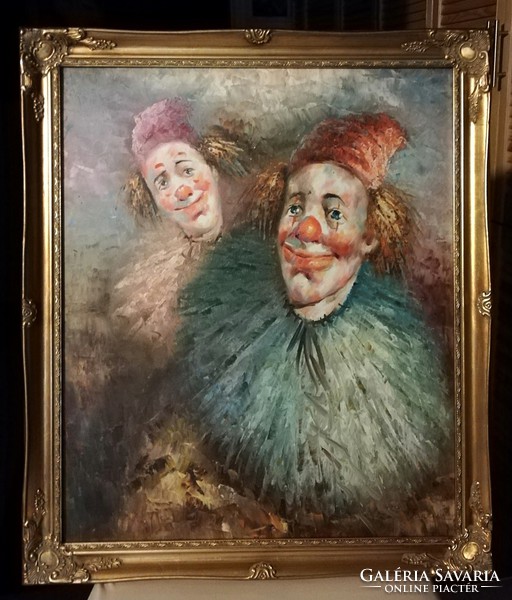 Marked, quality portrait of clowns (50 x 60 + frame, oil)