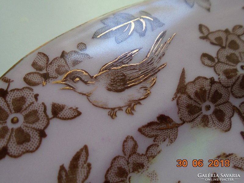 Gold-contoured, antique, unique painting, pink porcelain plate with a bird and insect pattern