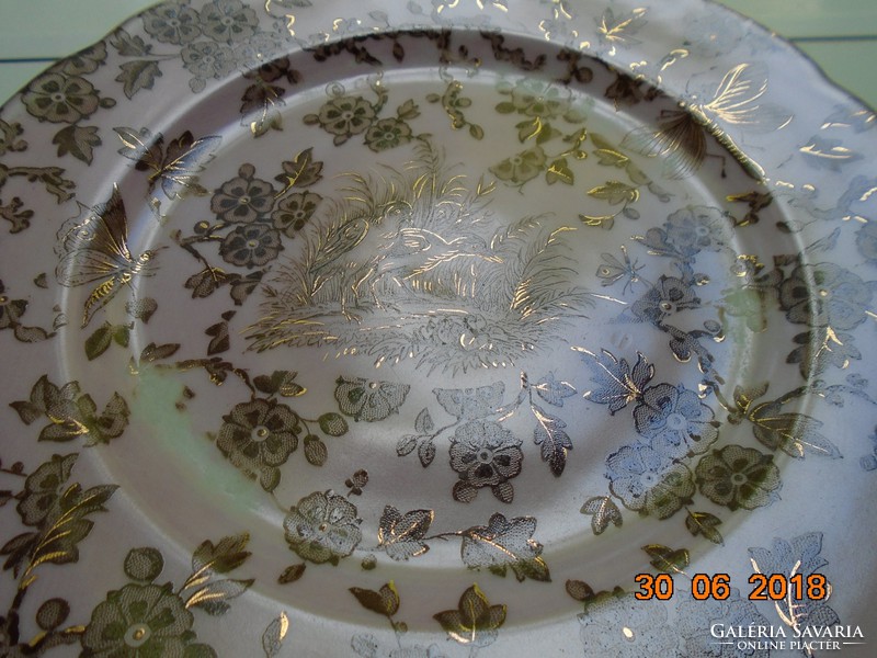 Különleges Rózsaszín mázas aranykontúrozott antik madár rovar mintás tányér