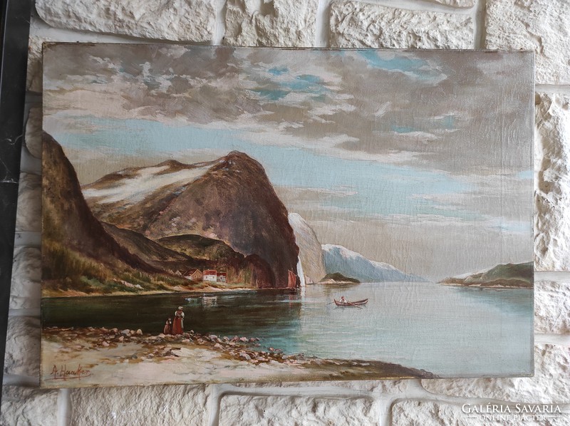 Leáraztam,Antik tàjkép1800as évek,olaj vászon festmény tengerszem . Szignàlt Osztrák vagy olasz, l