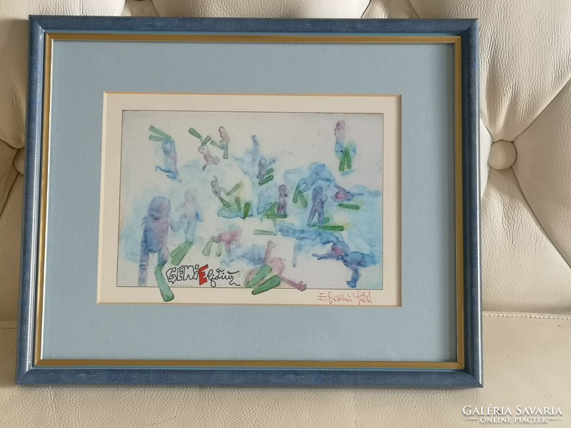 Békaemberek, absztrakt akvarell festmény, tenger, 29 x 24 cm