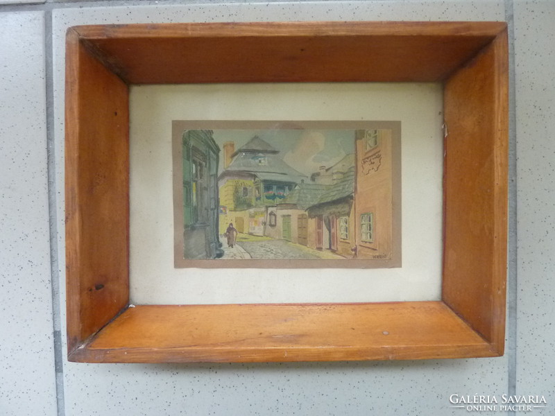 Kanyarodó utcácska anyókával (miniatűr akvarell keretben, Kertesi J.) mesebeli,derűs,színes,bájos,