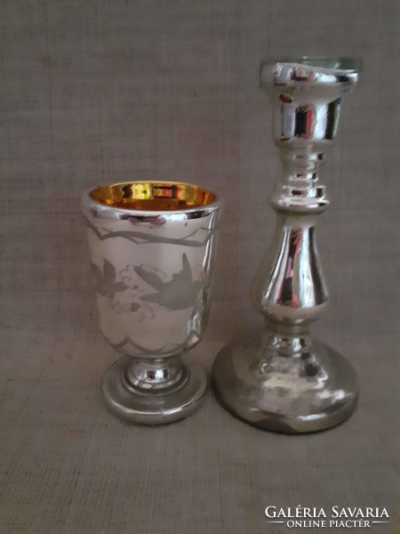 Antique double village with torn bottom blown glass candlestick with gilded interior decorative cup