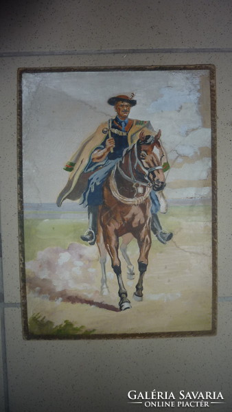 Csikós a lován - patinás akvarell, az 1920-as évek tájékáról