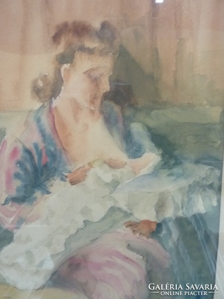 Anya kisdeddel 1940-ből (akvarell) finom, pasztell-színvilág, anyai szeretet, meghitt, baba,csecsemő