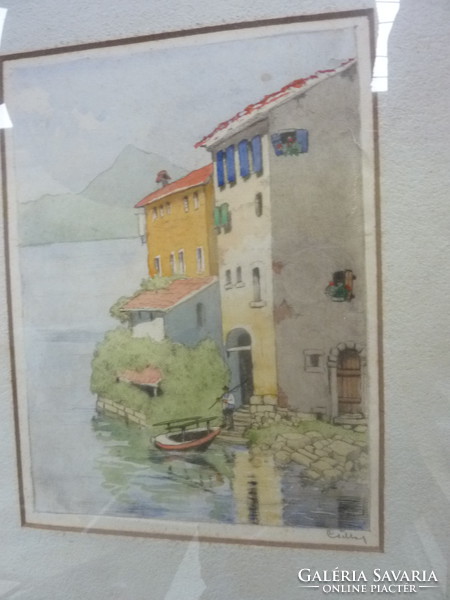 Tóparti házak - akvarell keretben