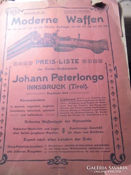 Fegyver árjegyzék 1854.Innsbruk Tirol