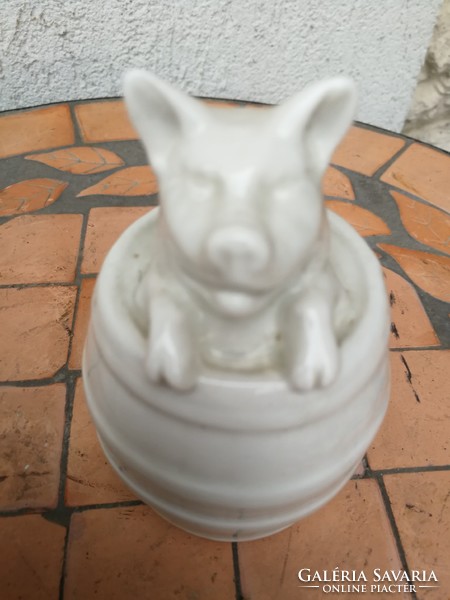 Porcelain lucky pig in a barrel, brings out the luck!S