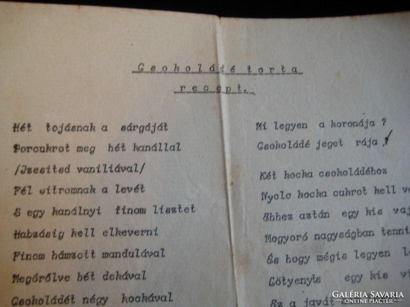 Csokoládé torta , versbe foglalva  , Bpest 1935  Kecskés Sándor szignóval